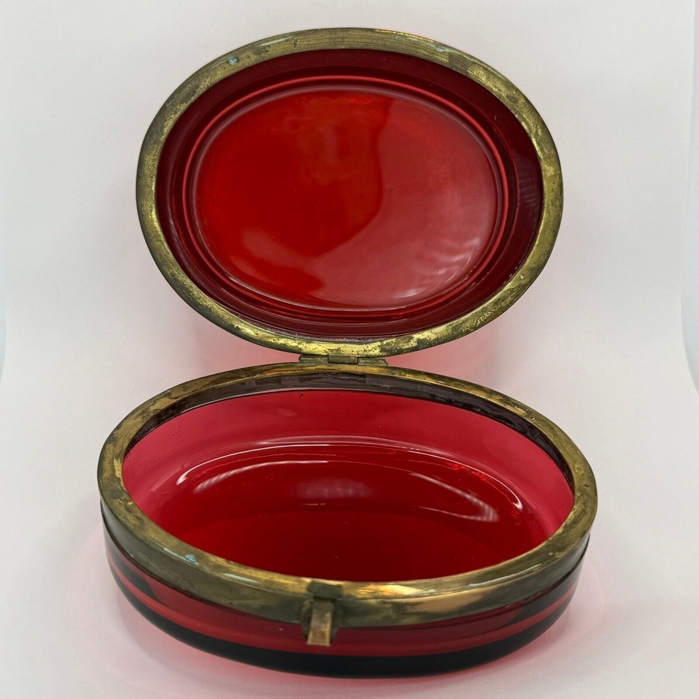 Antique Red Cranberry Crystal Hinged Casket Box Bohemian‎ French Brass Oval Rare - Picture 5 of 14